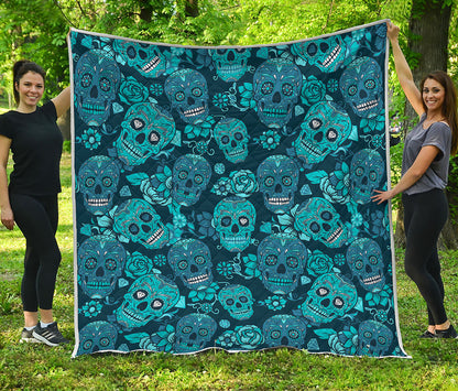 Teal Sugar Skull Flower Pattern Print Quilt
