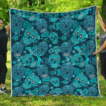 Teal Sugar Skull Flower Pattern Print Quilt
