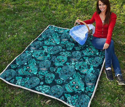 Teal Sugar Skull Flower Pattern Print Quilt