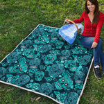 Teal Sugar Skull Flower Pattern Print Quilt