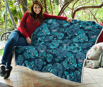 Teal Sugar Skull Flower Pattern Print Quilt