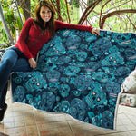 Teal Sugar Skull Flower Pattern Print Quilt