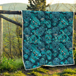 Teal Sugar Skull Flower Pattern Print Quilt