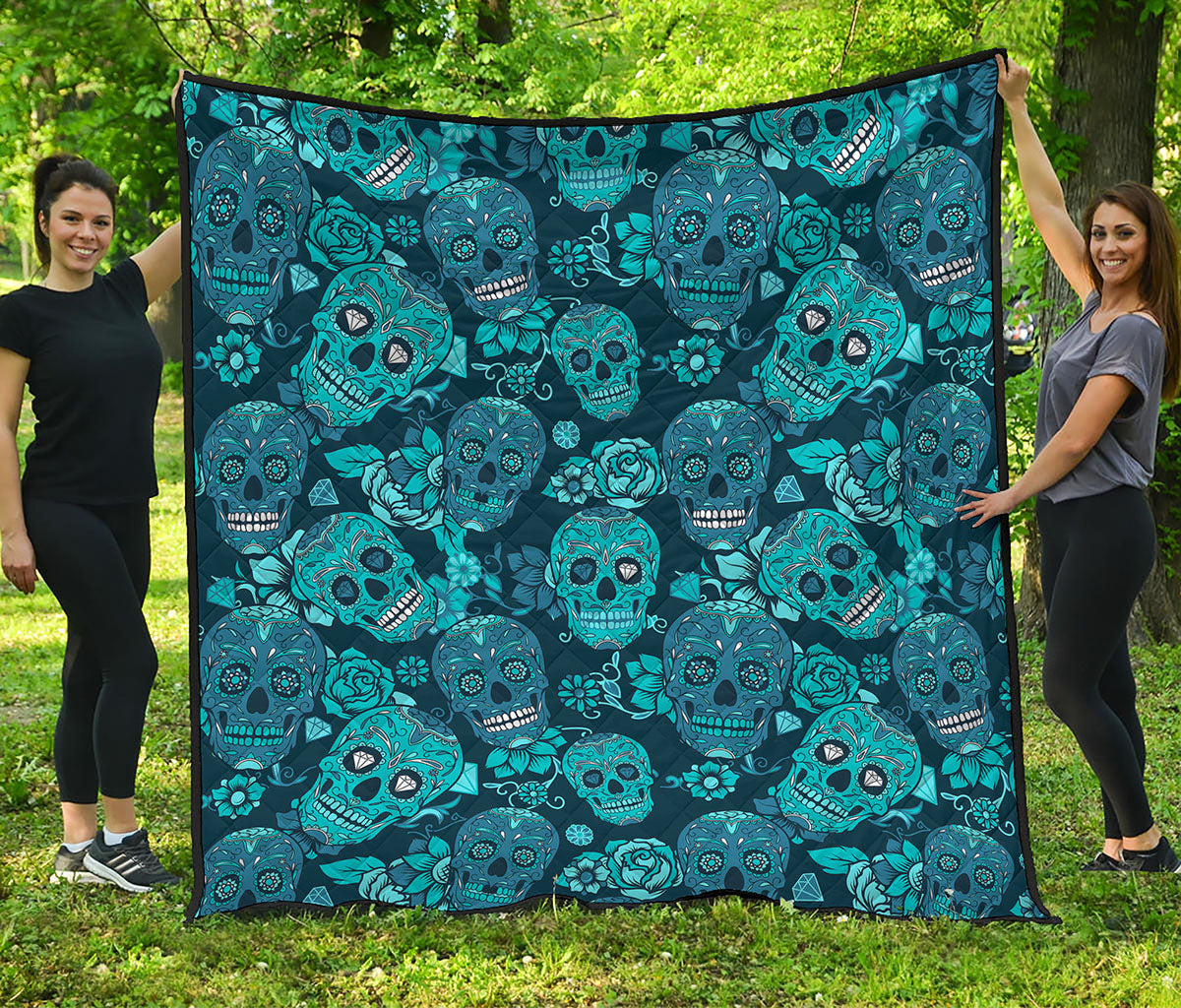 Teal Sugar Skull Flower Pattern Print Quilt