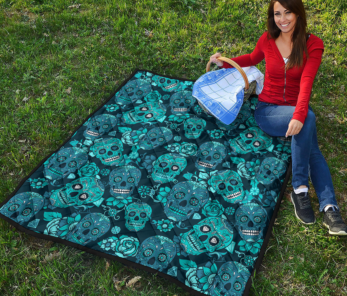 Teal Sugar Skull Flower Pattern Print Quilt