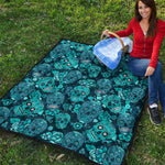 Teal Sugar Skull Flower Pattern Print Quilt