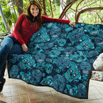 Teal Sugar Skull Flower Pattern Print Quilt