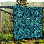 Teal Sugar Skull Flower Pattern Print Quilt
