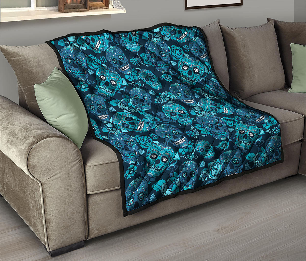 Teal Sugar Skull Flower Pattern Print Quilt