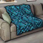 Teal Sugar Skull Flower Pattern Print Quilt