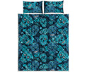 Teal Sugar Skull Flower Pattern Print Quilt Bed Set