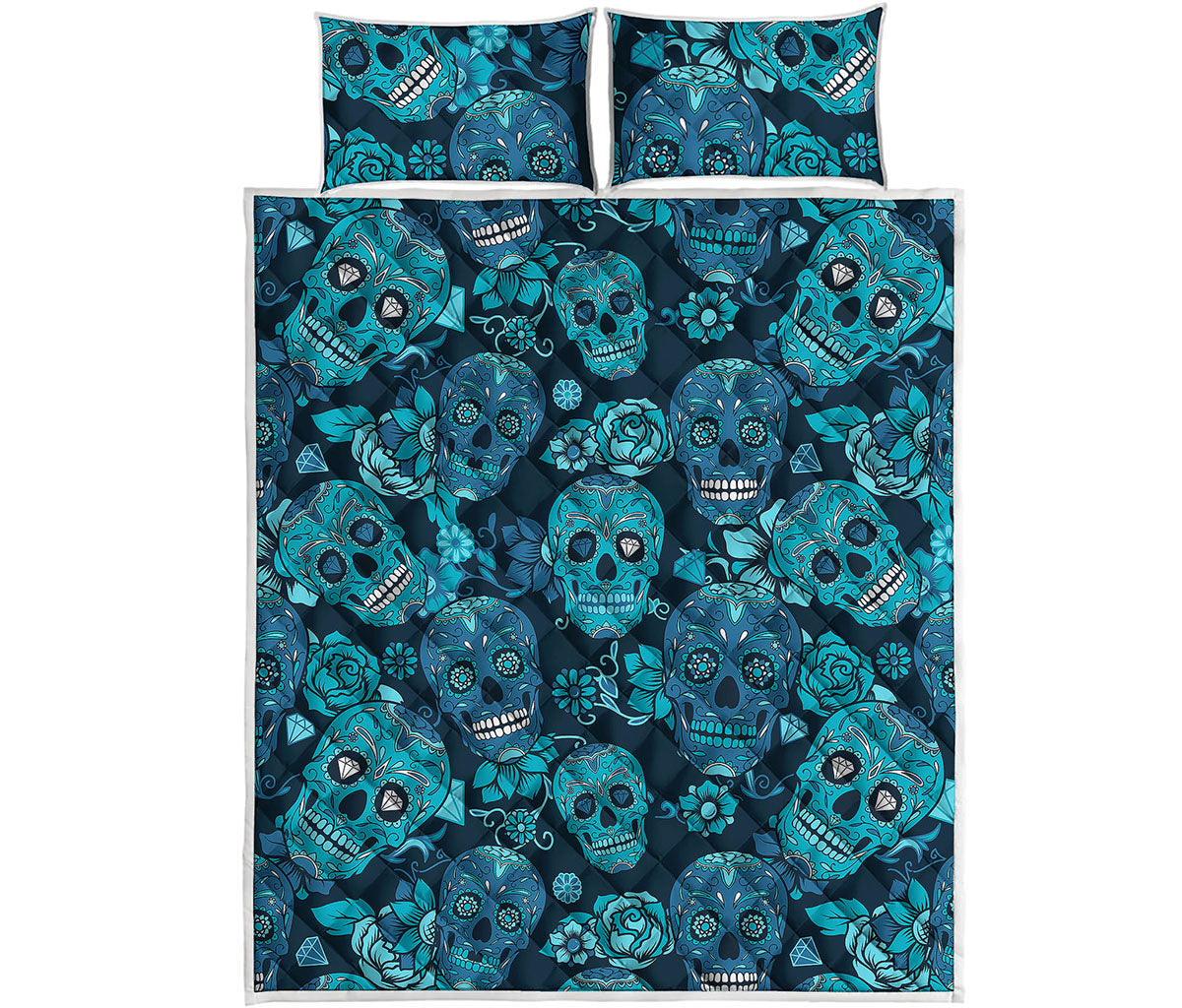 Teal Sugar Skull Flower Pattern Print Quilt Bed Set