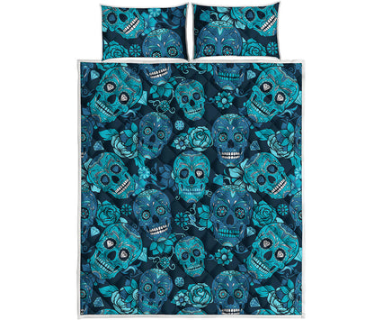 Teal Sugar Skull Flower Pattern Print Quilt Bed Set