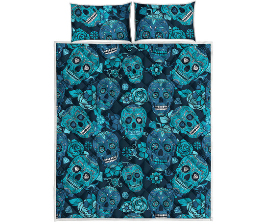 Teal Sugar Skull Flower Pattern Print Quilt Bed Set