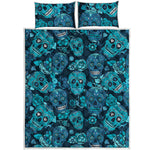Teal Sugar Skull Flower Pattern Print Quilt Bed Set