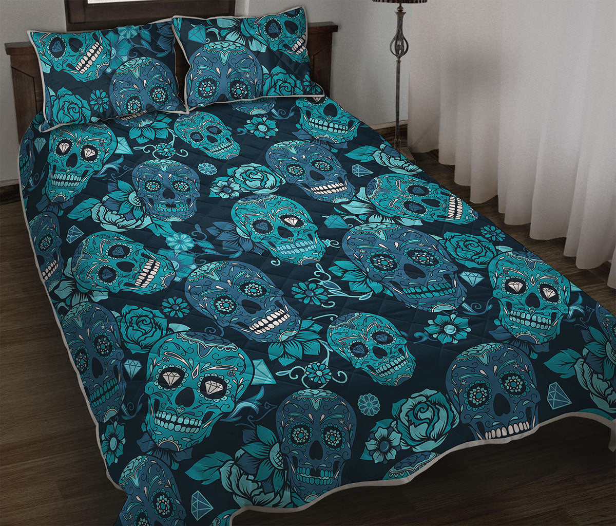 Teal Sugar Skull Flower Pattern Print Quilt Bed Set