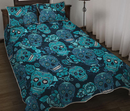 Teal Sugar Skull Flower Pattern Print Quilt Bed Set