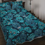 Teal Sugar Skull Flower Pattern Print Quilt Bed Set