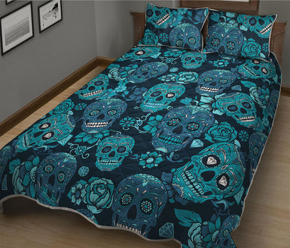 Teal Sugar Skull Flower Pattern Print Quilt Bed Set