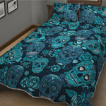 Teal Sugar Skull Flower Pattern Print Quilt Bed Set