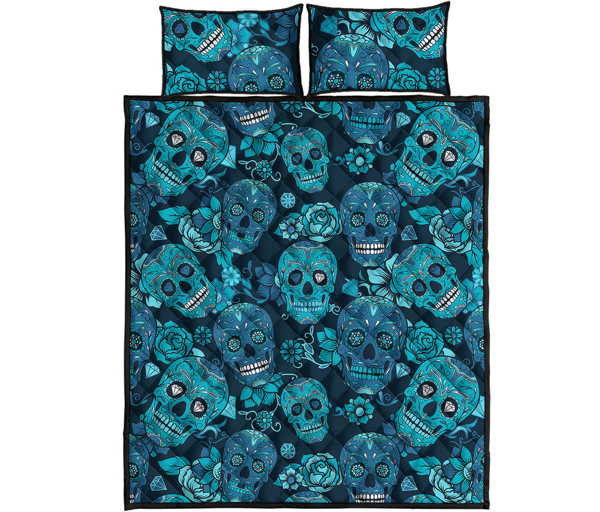 Teal Sugar Skull Flower Pattern Print Quilt Bed Set