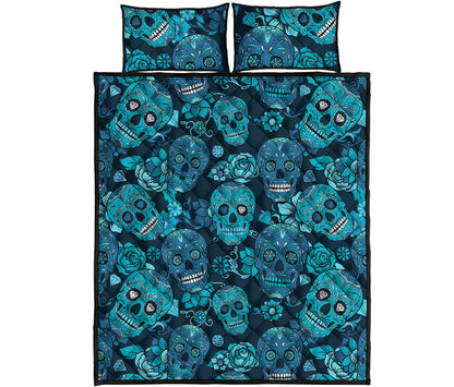 Teal Sugar Skull Flower Pattern Print Quilt Bed Set