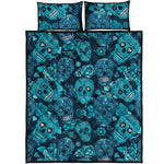 Teal Sugar Skull Flower Pattern Print Quilt Bed Set