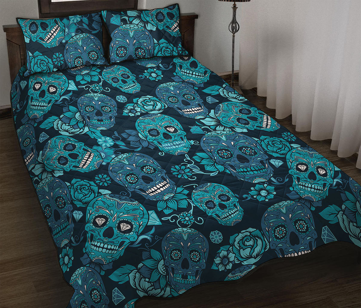 Teal Sugar Skull Flower Pattern Print Quilt Bed Set