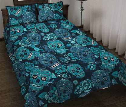 Teal Sugar Skull Flower Pattern Print Quilt Bed Set