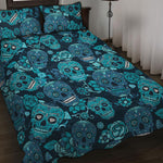 Teal Sugar Skull Flower Pattern Print Quilt Bed Set
