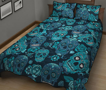 Teal Sugar Skull Flower Pattern Print Quilt Bed Set