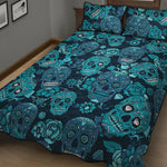 Teal Sugar Skull Flower Pattern Print Quilt Bed Set