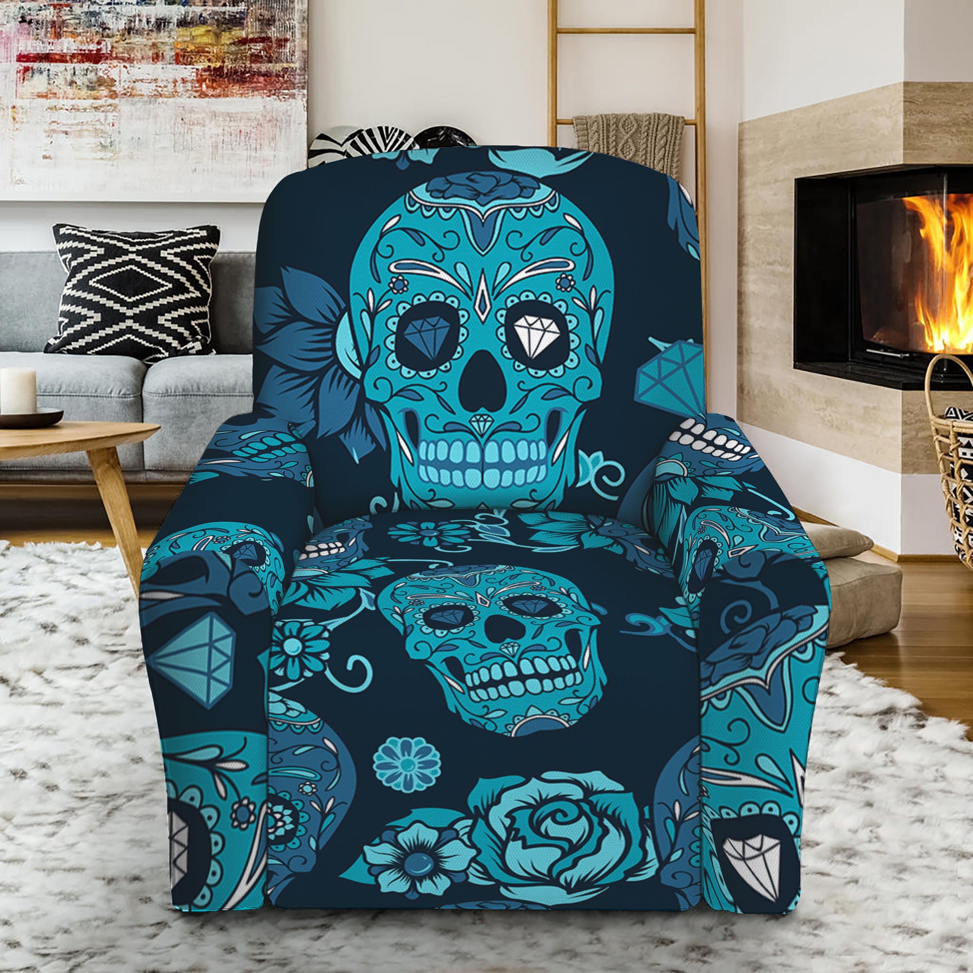 Teal Sugar Skull Flower Pattern Print Recliner Slipcover