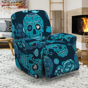 Teal Sugar Skull Flower Pattern Print Recliner Slipcover