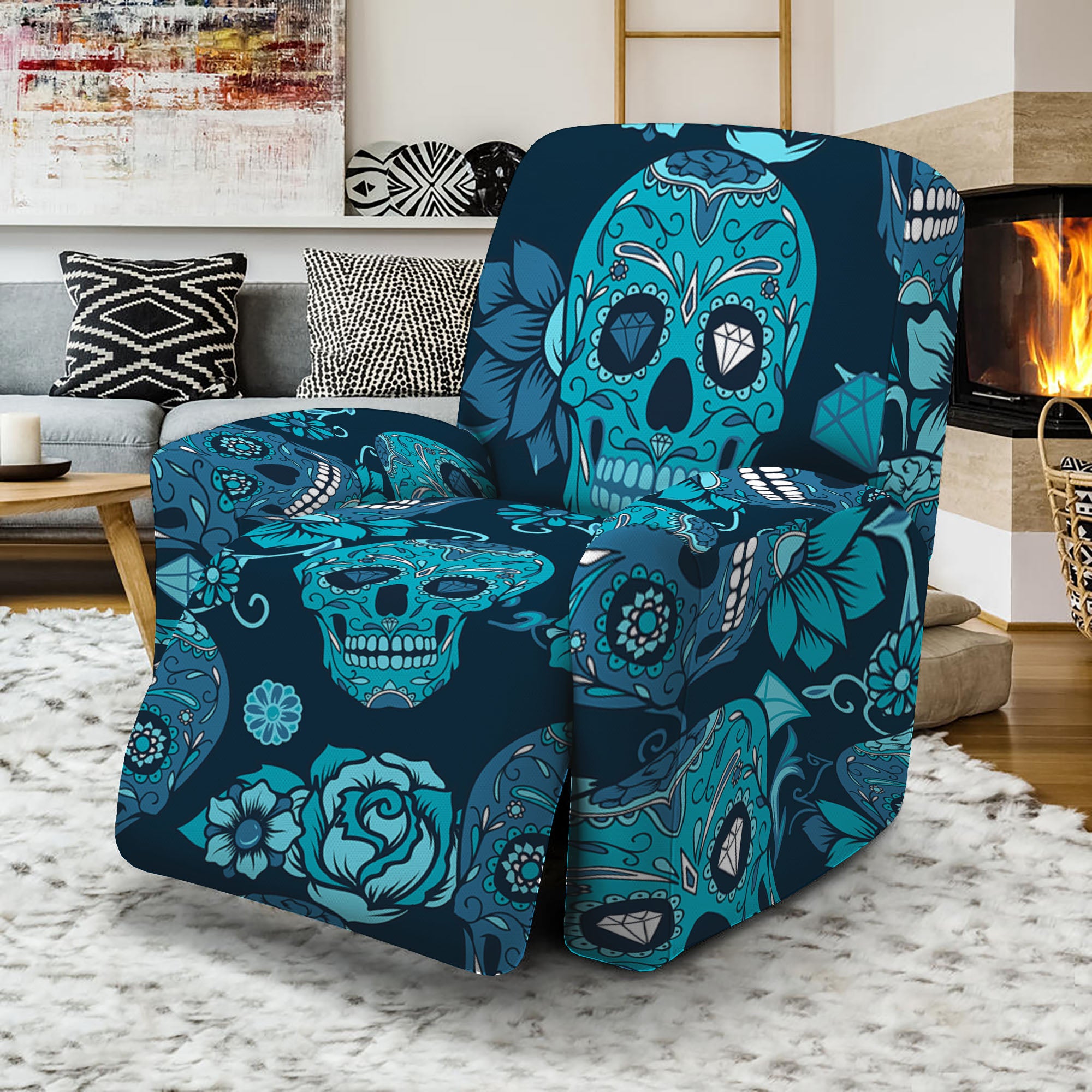 Teal Sugar Skull Flower Pattern Print Recliner Slipcover