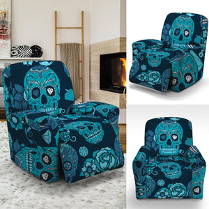 Teal Sugar Skull Flower Pattern Print Recliner Slipcover