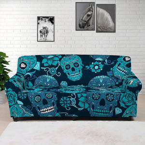 Teal Sugar Skull Flower Pattern Print Sofa Cover