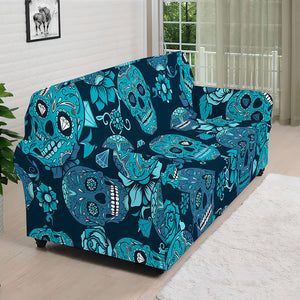 Teal Sugar Skull Flower Pattern Print Sofa Cover