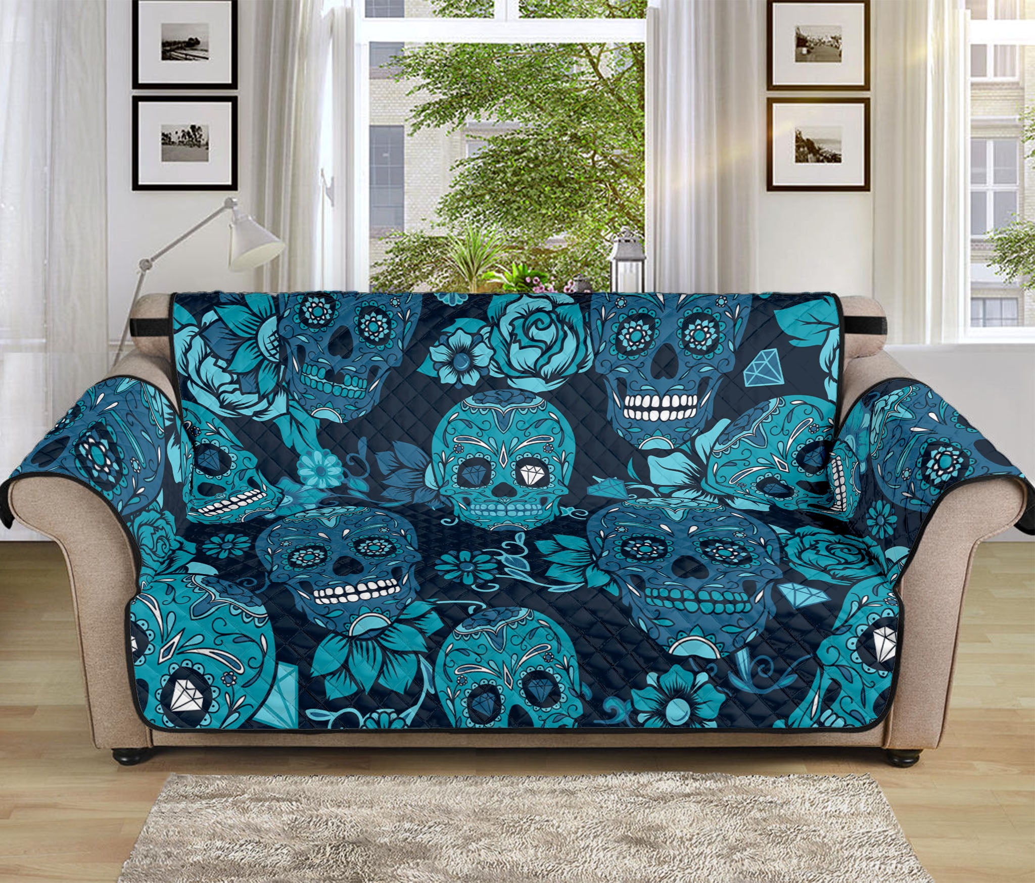 Teal Sugar Skull Flower Pattern Print Sofa Protector