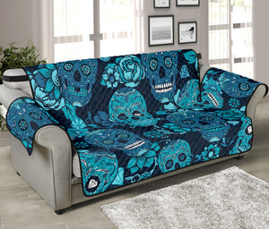 Teal Sugar Skull Flower Pattern Print Sofa Protector