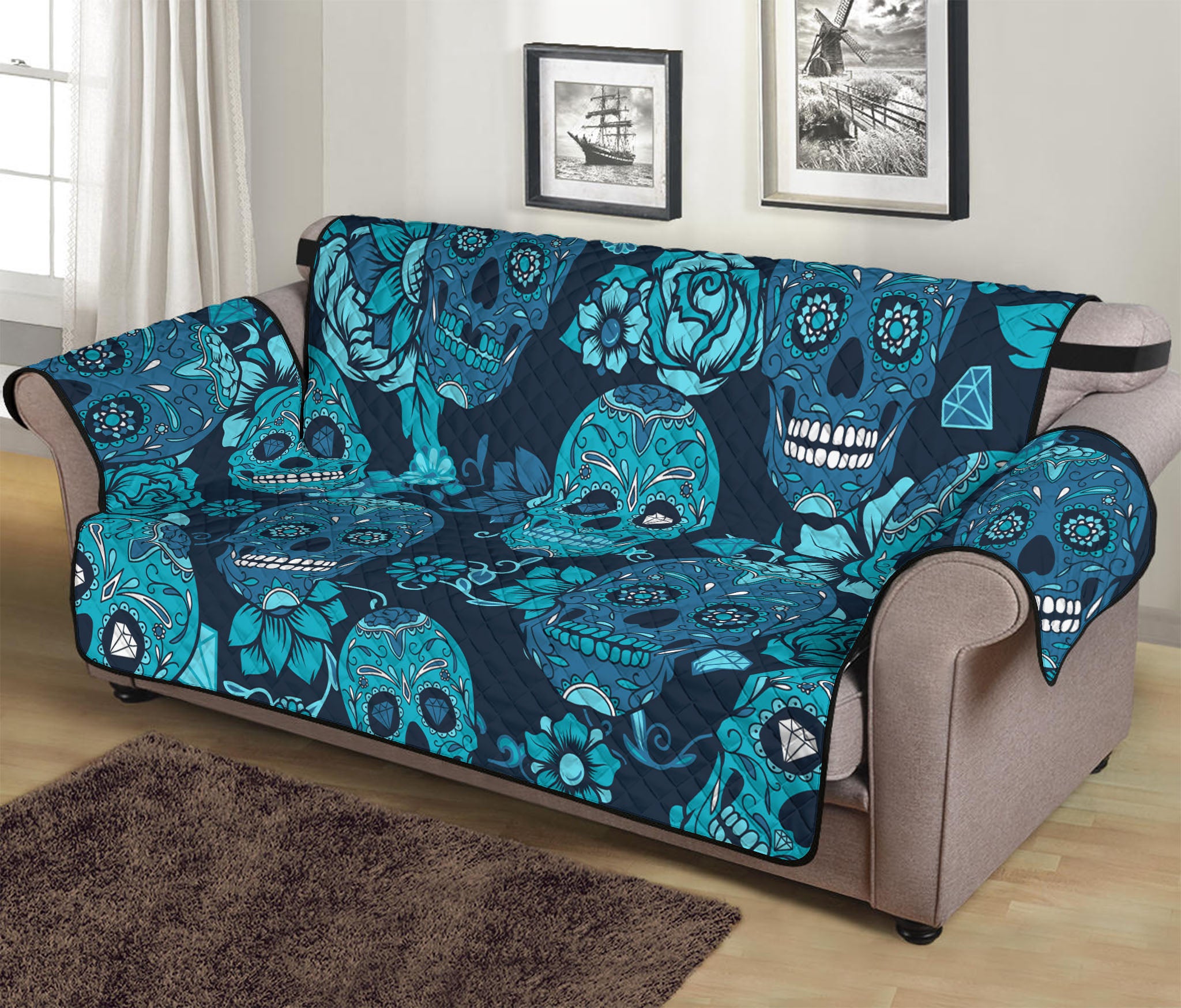 Teal Sugar Skull Flower Pattern Print Sofa Protector