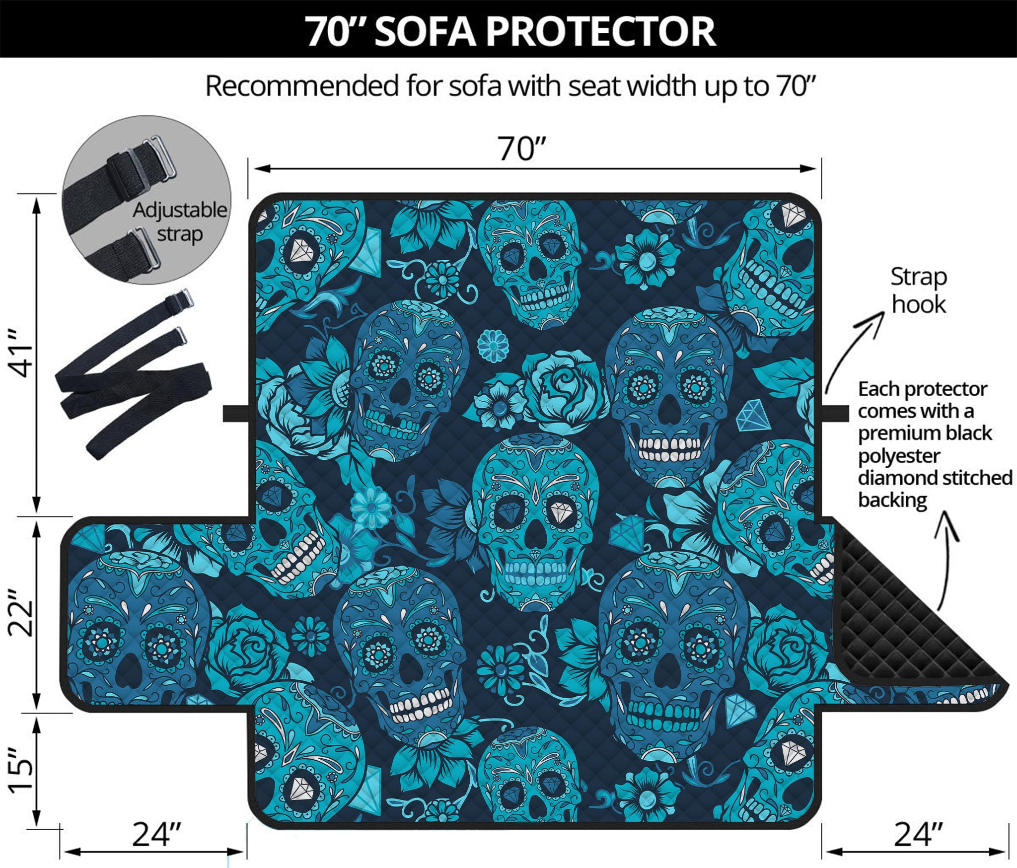 Teal Sugar Skull Flower Pattern Print Sofa Protector