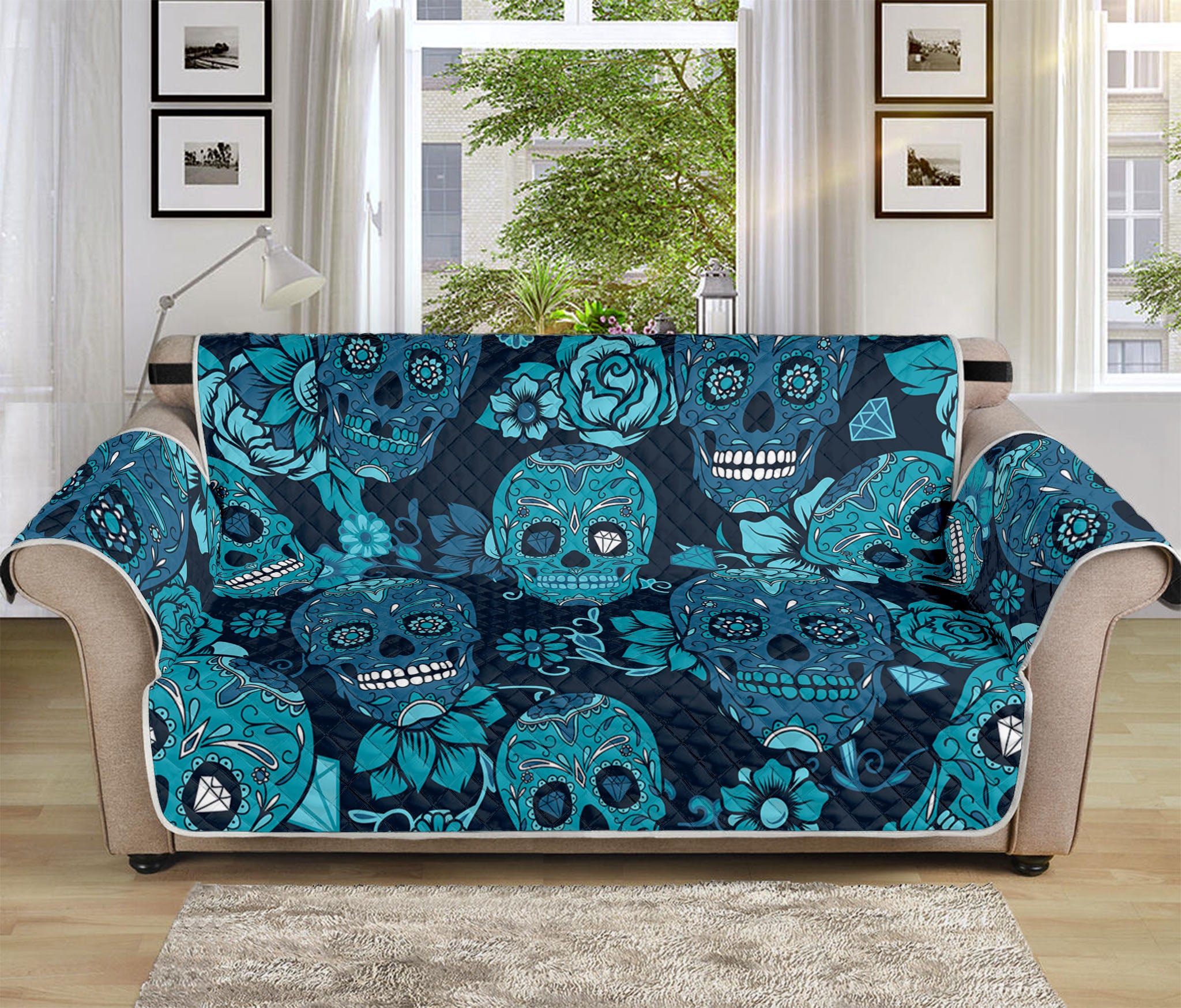 Teal Sugar Skull Flower Pattern Print Sofa Protector