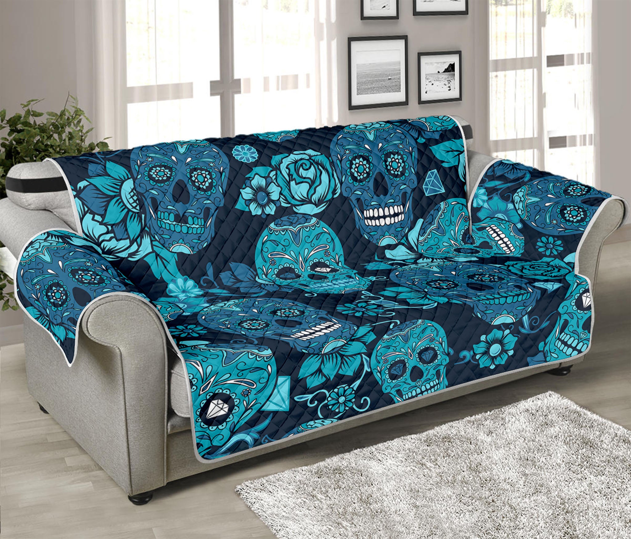 Teal Sugar Skull Flower Pattern Print Sofa Protector