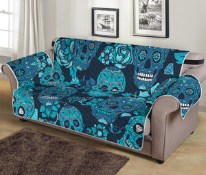 Teal Sugar Skull Flower Pattern Print Sofa Protector