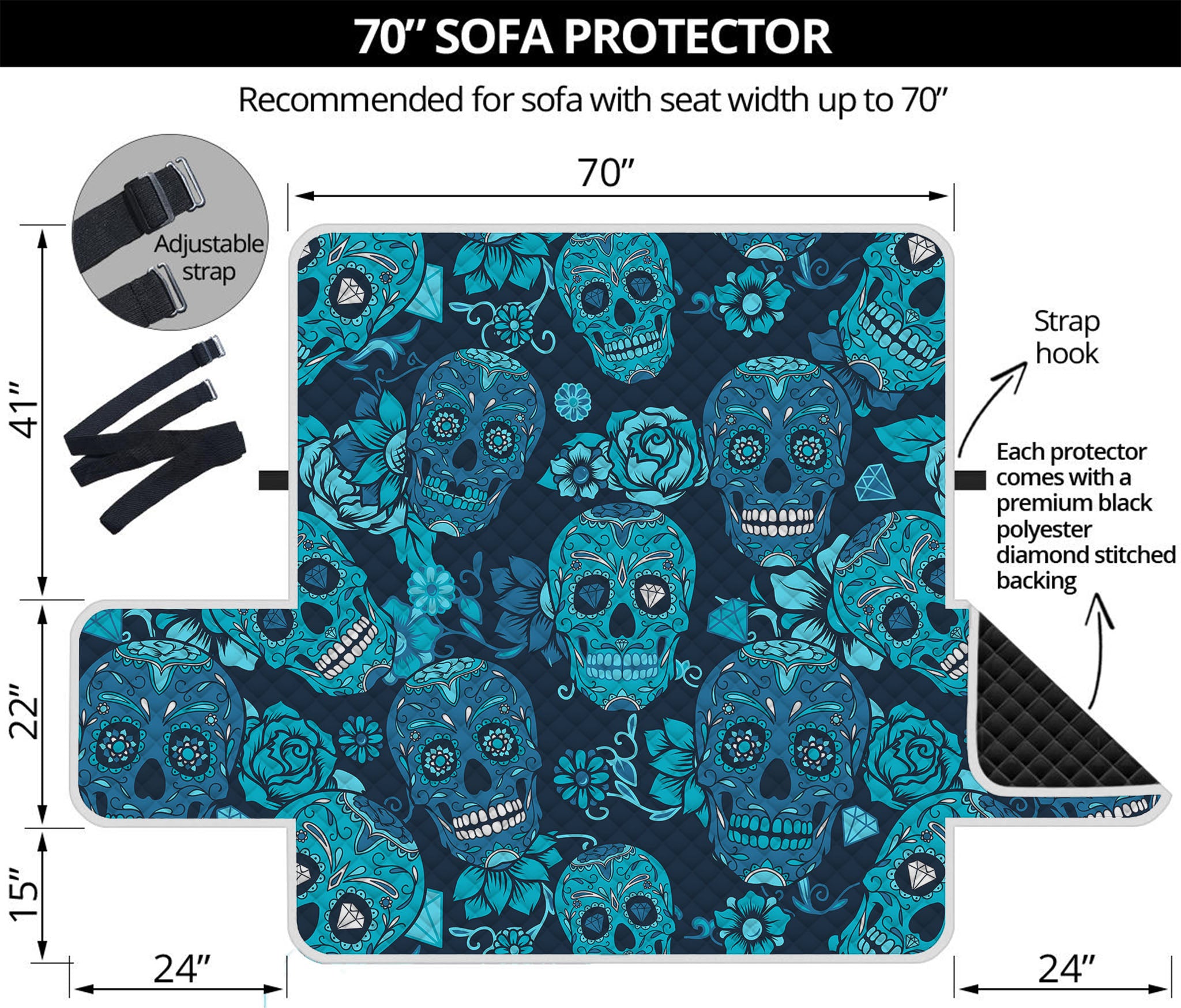 Teal Sugar Skull Flower Pattern Print Sofa Protector