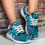Teal Sugar Skull Flower Pattern Print Sport Shoes GearFrost