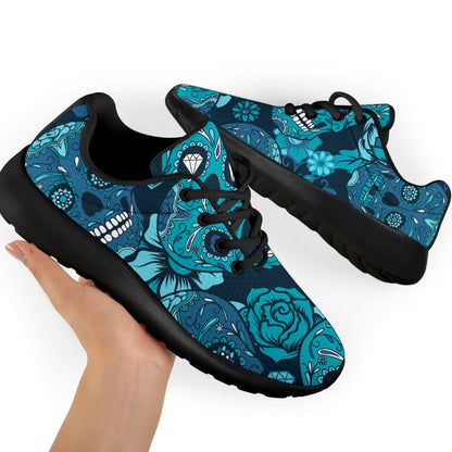 Teal Sugar Skull Flower Pattern Print Sport Shoes GearFrost
