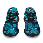 Teal Sugar Skull Flower Pattern Print Sport Shoes GearFrost