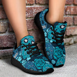 Teal Sugar Skull Flower Pattern Print Sport Shoes GearFrost